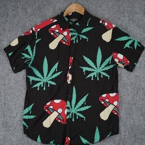Eighty Eight Mens Mushroom Cannabis Leaf Print Button Down Shirt Black Large